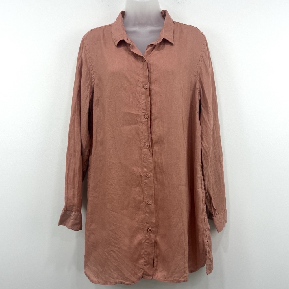 Garnet Hill 100% Linen Top L Coastal Beachy Long Breathable Lagenlook Button Up
